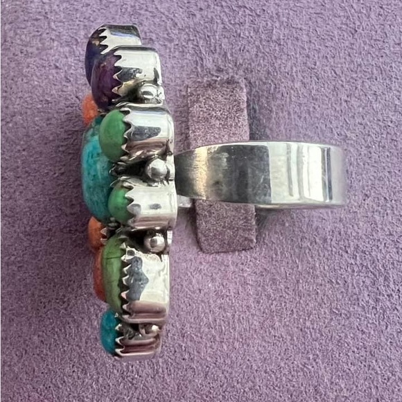 Vintage Sterling Silver Coloured Turquoise and Spiny Oyster Cluster Ring - Picture 2 of 4